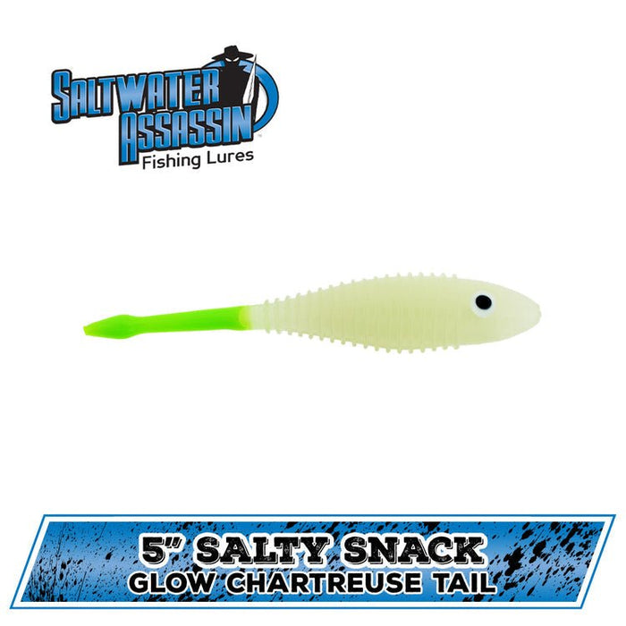 Bass Assassin Salty Snack Soft Jerkbait 5" Glow/Chartreuse Tail Qty 3 - FishAndSave