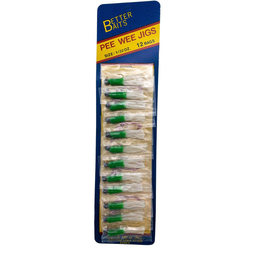 Better Baits Skirted Pee Wee Jig 1/32 oz Green/White Card of 12 - FishAndSave